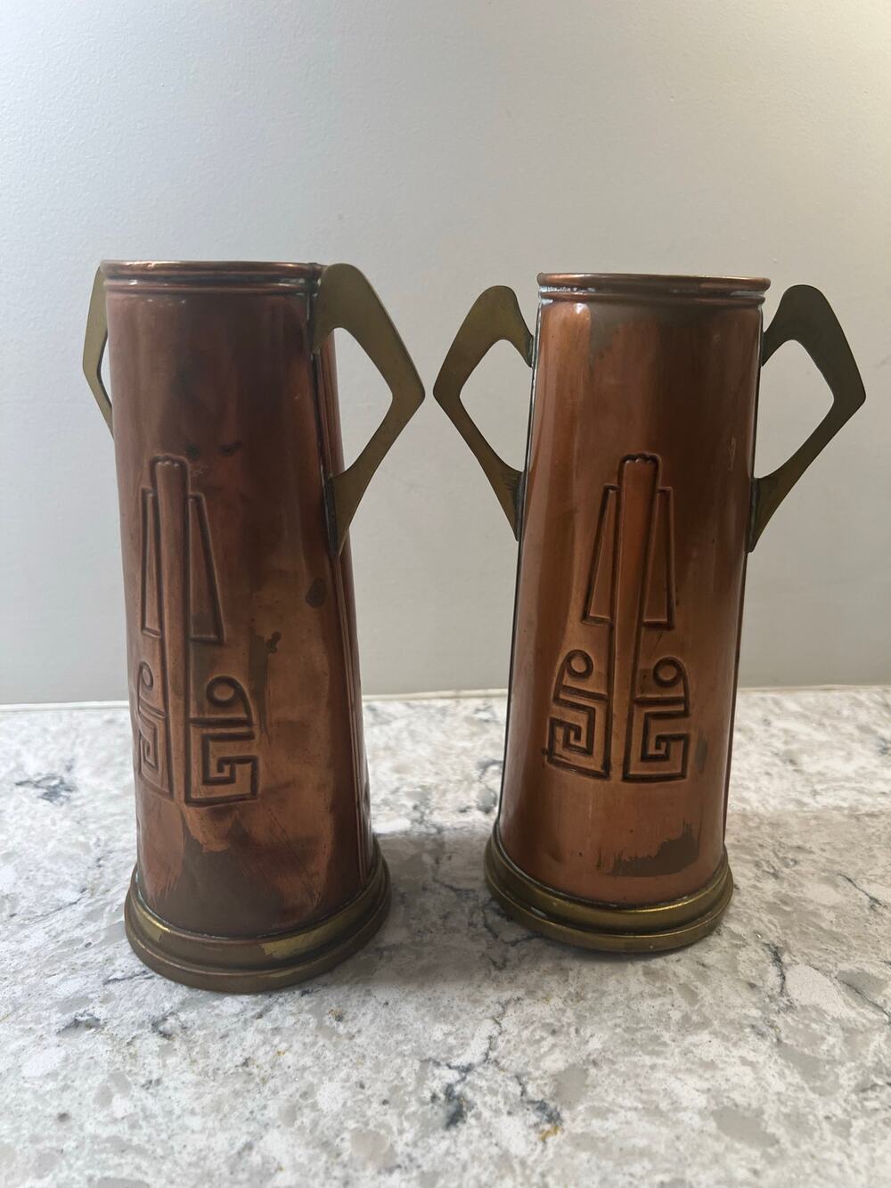 2 Gebrüder Bing Nuremberg Vases Circa 1900-10 Brass Copper Geometric JL